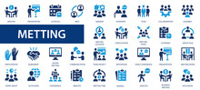 Meeting Vector Icon Set. Conference, Classroom, Containing Seminar, Team, Interview, Conference, Work, Classroom Collection.
