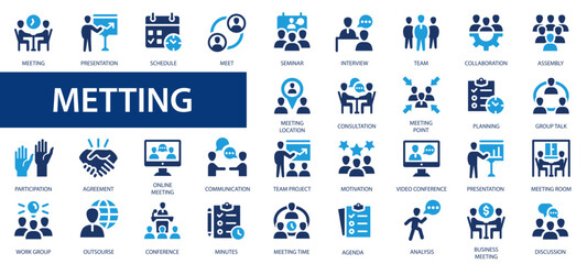 meeting vector icon set. conference, classroom, containing seminar, team, interview, conference, wor