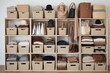 A display showcasing Marie Kondos storage boxes, containers, and baskets in various sizes and shapes to help organize and tidy up wardrobes. These organizer boxes are part of the KonMari method, a