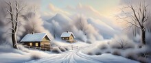 Winter Mountain Landscape With Wooden House, Chalet, Snow, Illuminated Mountain Peaks, Hill, Forest, River, Fir Trees, Illuminated Windows, Sunset, Dawn. Ai.