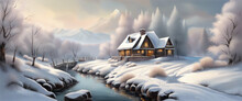 Banner Beautiful Winter House In The Snow Forest And River, Against