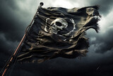 A dramatic photo of a tattered pirate flag waving defiantly against a backdrop of a stormy sky. 
The image symbolizes danger, defiance, and the rebellious spirit of the pirate life.