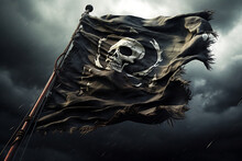 A Dramatic Photo Of A Tattered Pirate Flag Waving Defiantly Against A Backdrop Of A Stormy Sky. 
The Image Symbolizes Danger, Defiance, And The Rebellious Spirit Of The Pirate Life.