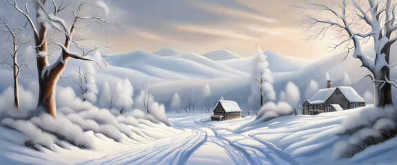 Banner Winter snow landscape forest and hous with river on background hills.