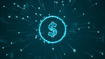 Blue digital money logo and ring rotation around logo with ai icon spread and line linked on abstract background with crypto currency finance and digital money concepts