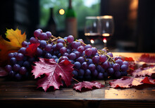 Vineyard Grapes On A Wooden Table With Nature Blurred Background. Fresh Grapes On Wooden Table Overlooking Vineyard At Sunset