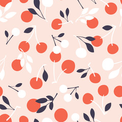 Wall Mural - Seamless pattern with cherry fruit and leaves on pink background. Cute cartoon fruit pattern, flat design for fashion print.