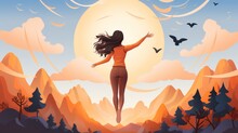 A Young Woman Jumps In The Air With Happiness And Joy. Conveys Joy, Lightness And Happiness. Generative AI