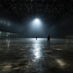 Wall Mural - Solitary human figure in a big dark space, generative ai
