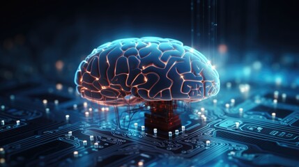 Artificial intelligence technology concept with digital human brain connected to an electronic board