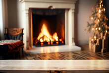 Fireplace With Christmas Decorations, Cosy Home Interior Background Table Top With Blurred Fireplace, Ai Generate 
