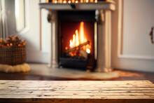 Fireplace With Christmas Decorations, Cosy Home Interior Background Table Top With Blurred Fireplace, Ai Generate 