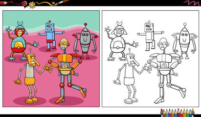 Wall Mural - comic robots or droids characters group coloring page