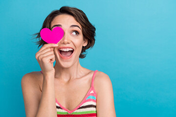 Poster - Photo of young lady wear singlet stylish cover eye pink postcard symbol love heart look surprised mockup isolated on blue color background