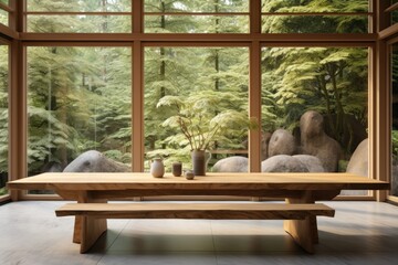 Poster - A wooden table positioned in an open area with ample space, set against a backdrop of a Japanese interior featuring a large window and a slightly blurred background.