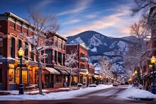 Winter Wonderland In Downtown Aspen, Colorado - Resort And Shopping Mecca Surrounded By Snowy White Nature With A Majestic Sky. Generative AI