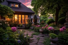 A Garden In A Single Family Home On A Lovely Evening During Early Summer.