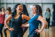 Middle-aged Women Enjoying A Joyful Dance Class, Candidly Expressing Their Active Lifestyle Through Zumba With Friends, Generative Ai