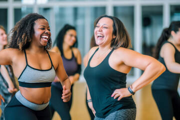middle-aged women enjoying a joyful dance class, candidly expressing their active lifestyle through 