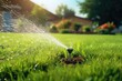 The image shows a garden irrigation system taking care of the lawn by automatically sprinkling water on the lush green grass. The photograph has a specific focus on this area.