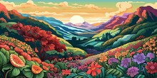 Panoramic View Of Beautiful Nature Landscape. Colorful Cartoon Style Illustration, Horizontal Orientation. Generative AI