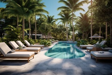 Wall Mural - A pool of grandeur with comfortable loungers for tranquil rest and rejuvenation, encircled by lush trees and under an azure sky in the city of Miami.