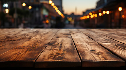 Wall Mural - a front view of a dark rustic brown, empty wooden table for product placement with blurry background, serving as a blank wood table mockup, Ai generative
