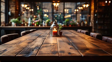 Wall Mural - a front view of a dark rustic brown, empty wooden table for product placement with blurry background, serving as a blank wood table mockup, Ai generative
