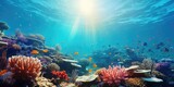 Fototapeta Do akwarium - Underwater Scene - Tropical Seabed With Reef And Sunshine