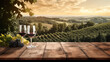 © Mirador - blank background banner with wooden table and winery for product presentation and copy space. Concept banner on the subject of wine, winery and wine trade.
