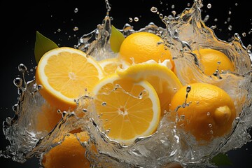 Wall Mural - Fresh yellow lemons in water splash on black background with lots of air bubbles