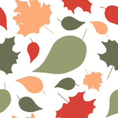 Wall Mural - Seamless Flat pattern with Autumn leaves. Vector foliage background. Color illustration for Textile, Wrapping paper, Banner, Print, Colorful Wallpaper, Cloth. Maple and birchwood leaf illustration.