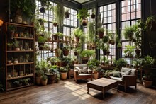 A Space Adorned With Contemporary Design, Live Potted Plants, And Unoccupied Wooden Frames.