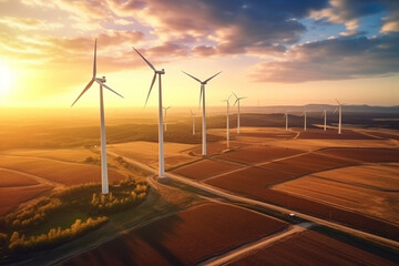 Wall Mural - solar panels and wind turbines at sunset. alternative energy source. 3d rendering