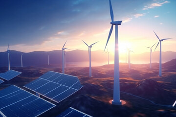 Wall Mural - solar panels and wind turbines at sunset. alternative energy source. 3d rendering