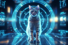 Portrait Of A Cat On A Futuristic Background. 3d Rendering