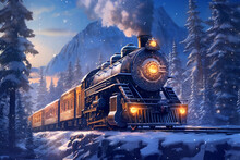 Digital Painting Of A Steam Locomotive In The Winter Forest At Sunset