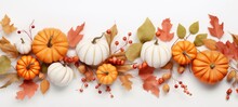 Autumn Fall Thanksgiving Holiday Greeting Card - Gerland Made Of Colorful Fallen Autumnal Leaves And Pumpkins, Modern, Minimalism, Isolated On White Table Background, Top View (Generative Ai)