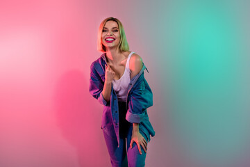 Poster - Photo of funky adorable lady wear denim jacket laughing isolated pink teal gradient color background