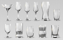 Alcohol Glasses Set. Transparent Empty Realistic Mockup Stemware For Different Drinks. Vector Illustration