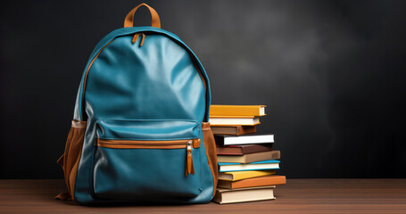 Wall Mural - Back to school. Student backpack books and supplies on a desk, class chalkboard background