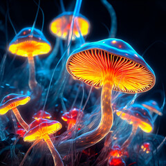 Canvas Print - Magic psychedelic mushrooms in a fantasy forest with a neon glow