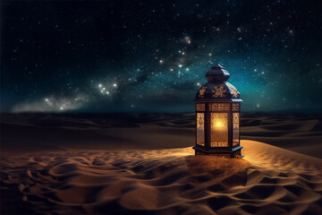 islamic lantern on the desert with starry night