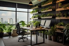The Contemporary Office Space Is Adorned With Lush Green Potted Plants, Creating A Refreshing And Natural Atmosphere. The Design Of The Workspace Reflects Elements Of Home Decor.