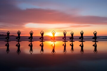 Canvas Print - An image showing a group of people participating in a yoga class on the beach at sunset. The setting sun in the background adds a dramatic, calming effect.