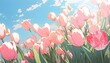 Pink tulips flowers on blue sky background  in the style of anime and manga. Generative Ai