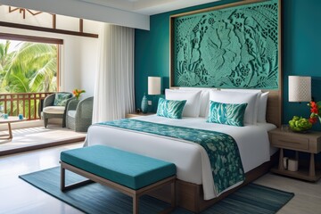 Wall Mural - A hotel room designed in a vibrant Bali theme, featuring bright and refreshing colors. The bedroom follows a minimalist style with a wall colored in shades of blue and green.