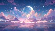 Anime Pink Sky with Moon and Sea. Generative AI
