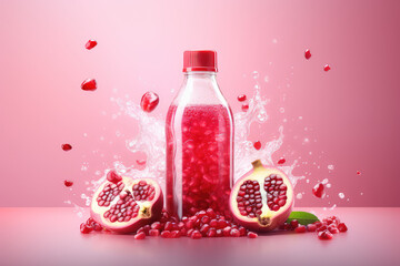 Clear plastic transparent bottle with natural freshly red pomegranate juice, splashes, ripe pomegranate grains isolated on flat background with copy space. Creative minimal fruit drink banner concept