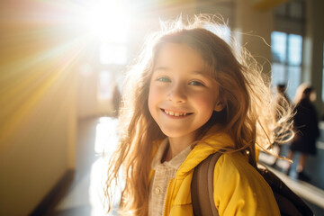 Wall Mural - Happy smiling caucasian girl in the school corridor on her first day of school of the year looking at camera